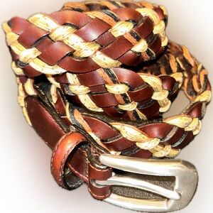 Vintage Brighton Brown Braided Leather Jute Woven Belt Silver Buckle Preppy 42